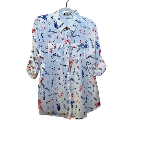 Karl Lagerfeld Paris Shirt Eiffel Tower Roll Sleeves Button Up  Size Large - Picture 1 of 6